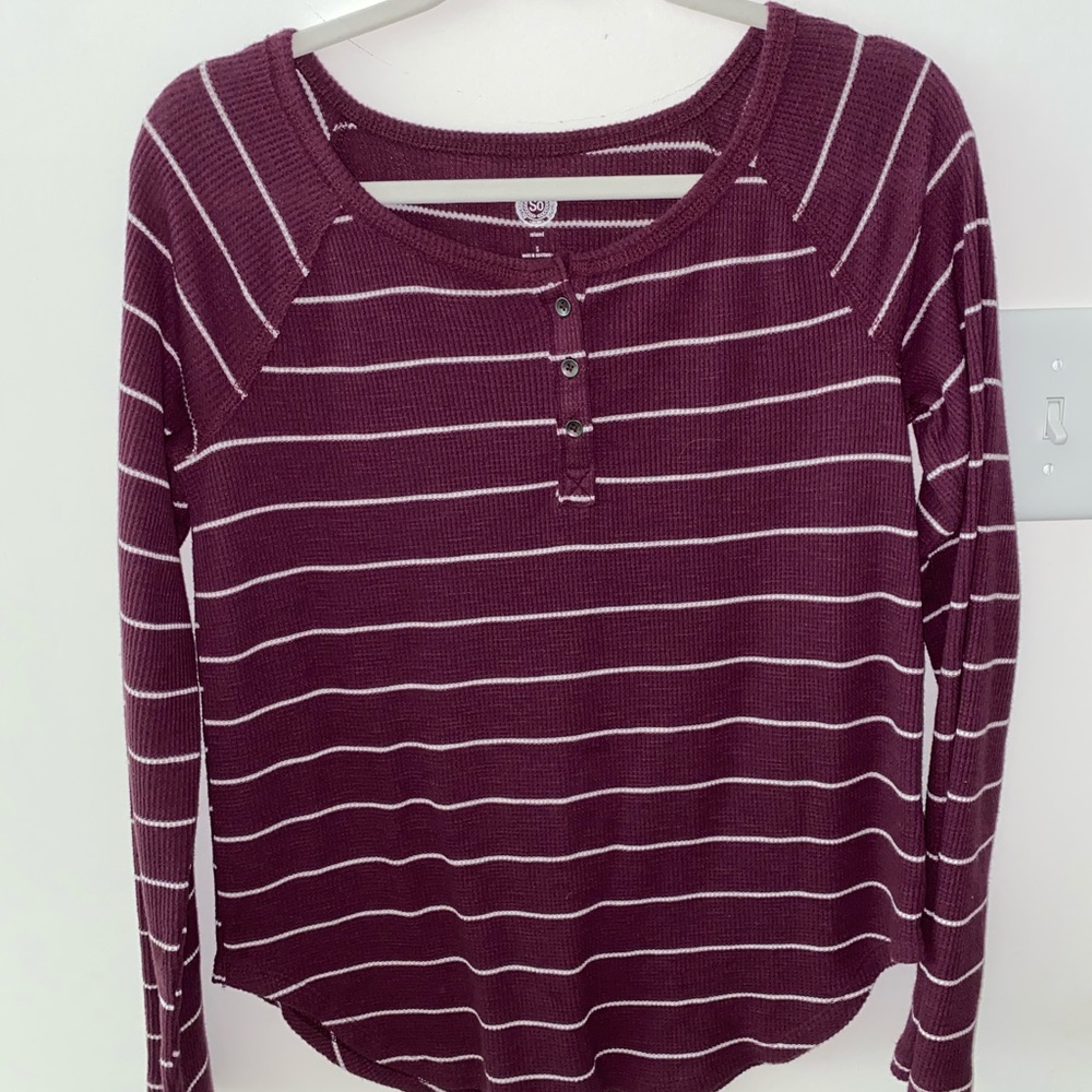Burgundy and white striped long sleeve shirt